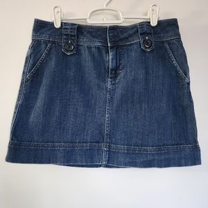 Elle Denim Mini Skirt Wide Waistband Flat Front Size 6 Dark Blue Pockets Stretch
